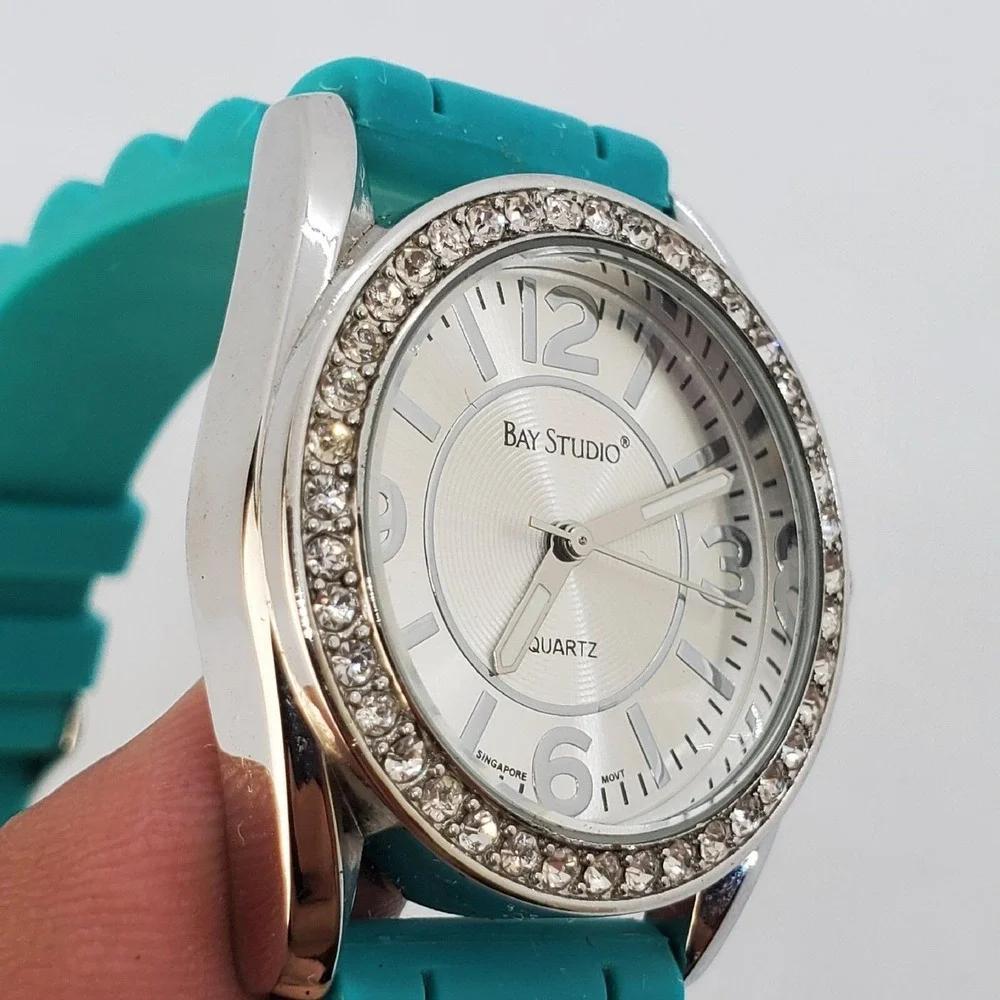 Bay Studio Women's Watch 31MM Gray Case Crystal Bezel Teal Plastic Bands NewBatt